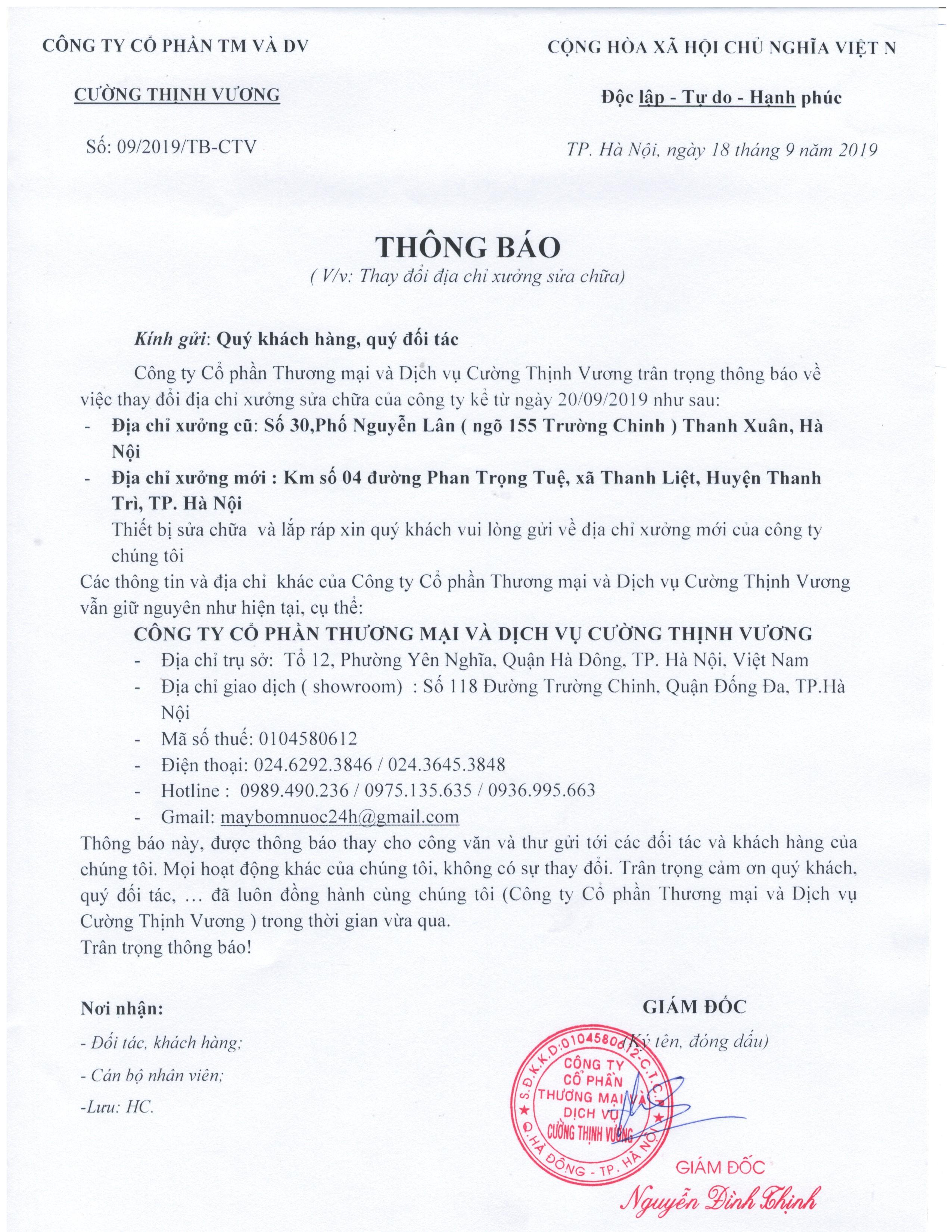 Cường Thịnh Vương - Thông Báo Thay Đổi Địa Chỉ Xưởng Sửa Chữa